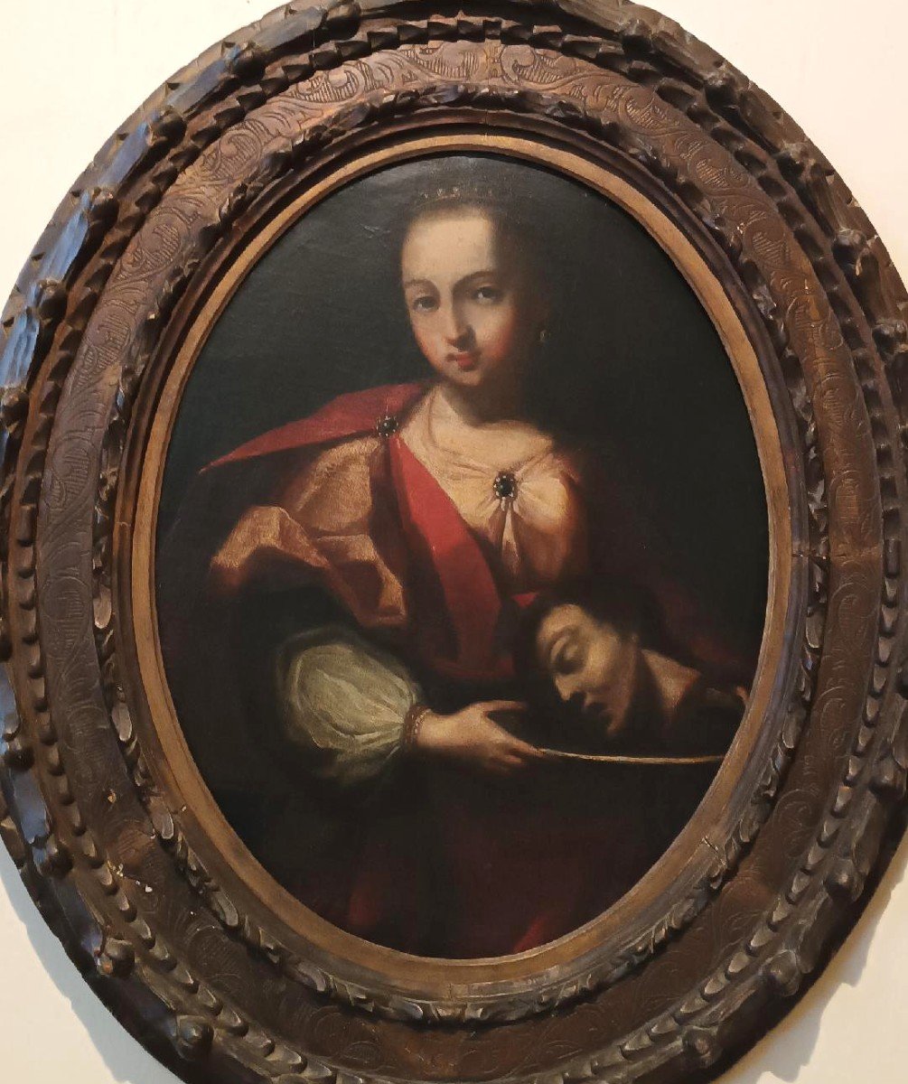 Antique Oil Painting On Canvas Depicting Salome With The Head Of John The Baptist—18th Century-photo-3