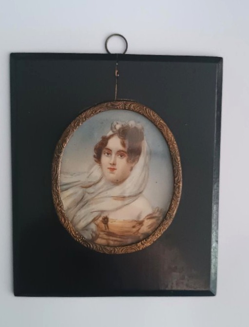 tableau ancien, miniature ancienne, portrait d'une dame du XIXe siècle-photo-2