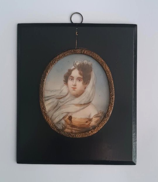 tableau ancien, miniature ancienne, portrait d'une dame du XIXe siècle