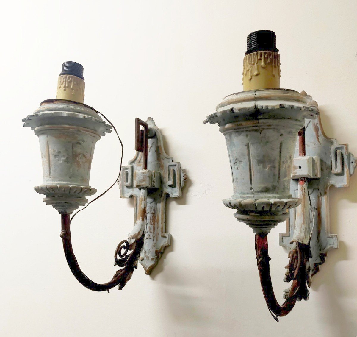 Pair Of Painted Wooden Wall Sconces, Late 19th Century-photo-2