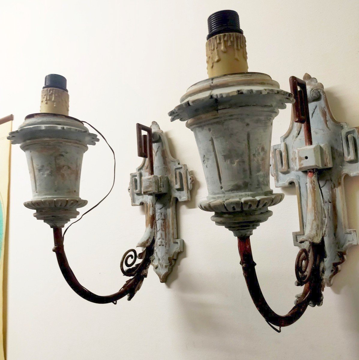 Pair Of Painted Wooden Wall Sconces, Late 19th Century-photo-3