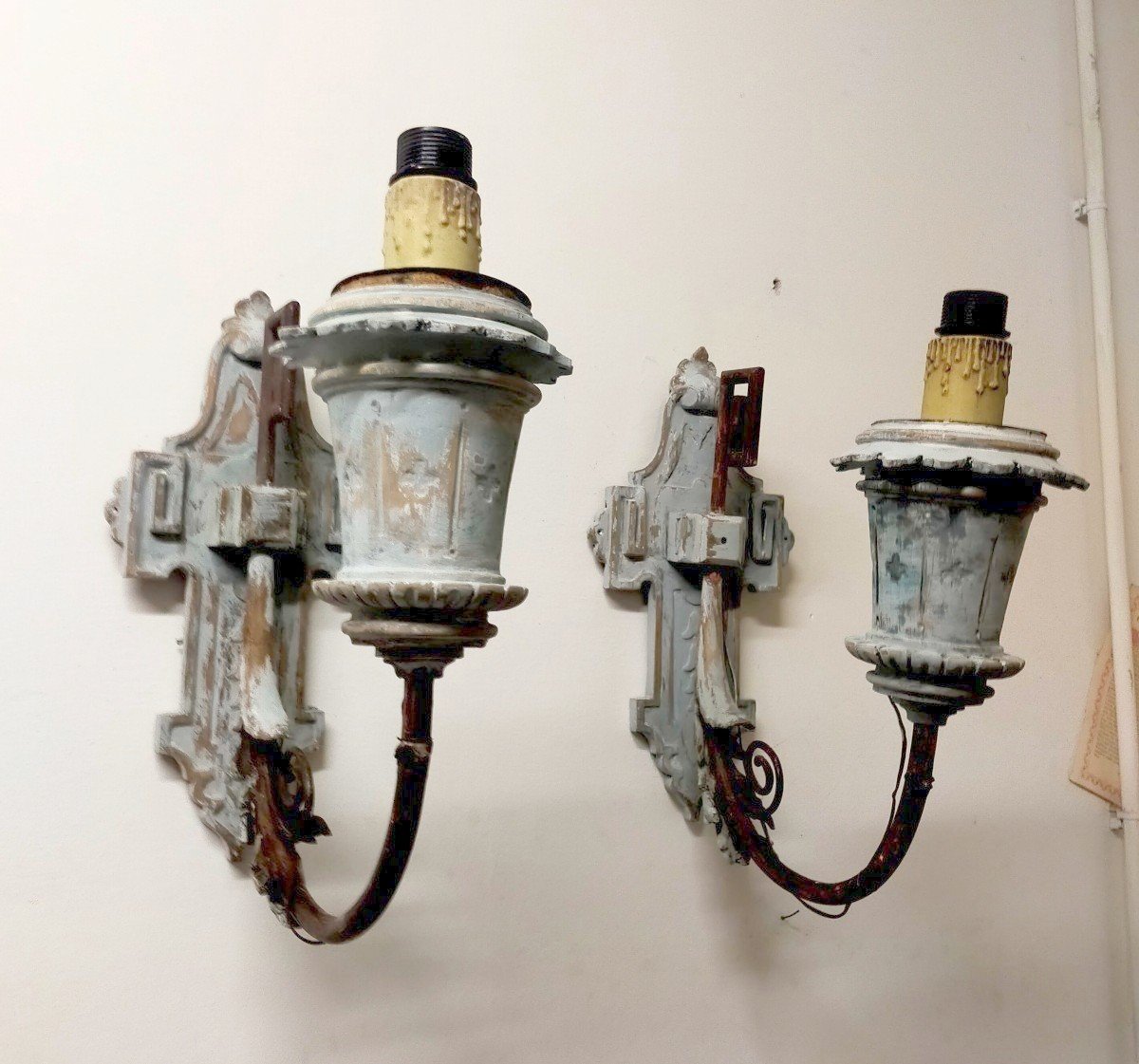 Pair Of Painted Wooden Wall Sconces, Late 19th Century-photo-4
