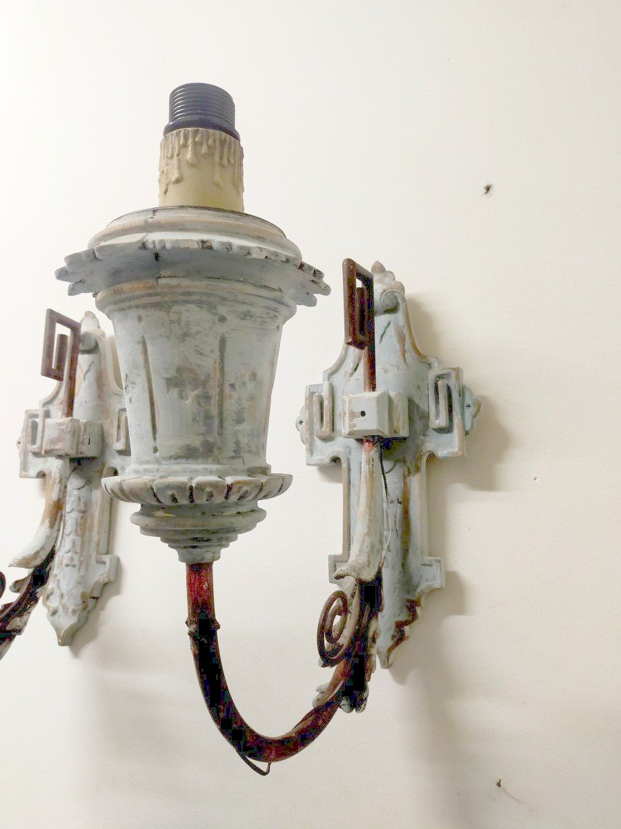 Pair Of Painted Wooden Wall Sconces, Late 19th Century-photo-1