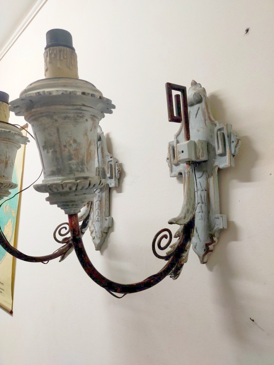 Pair Of Painted Wooden Wall Sconces, Late 19th Century-photo-2