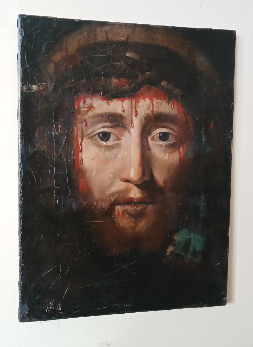 Huile sur toile ancienne « Le Saint Visage de Jésus-Christ » Ecce Homo-photo-3