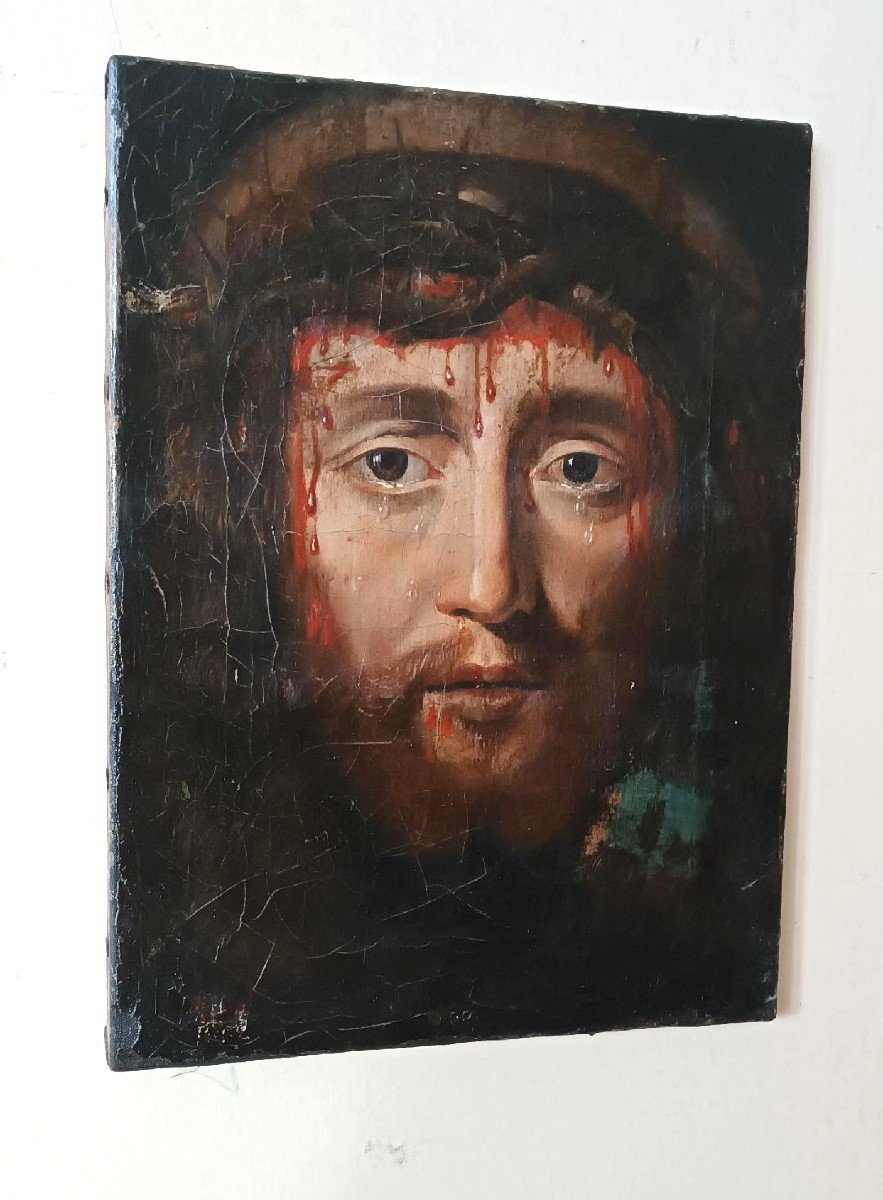 Huile sur toile ancienne « Le Saint Visage de Jésus-Christ » Ecce Homo