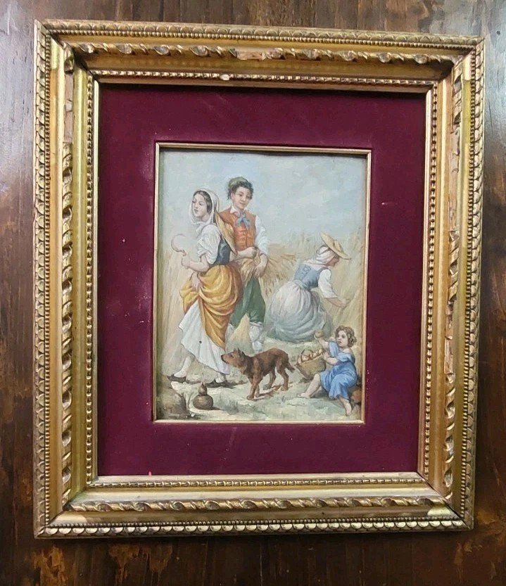 TABLEAU SUR BOIS ANCIEN DU 19E SIÈCLE, PANNEAU À L'HUILE SIGNÉ, SCÈNE POPULAIRE-photo-2
