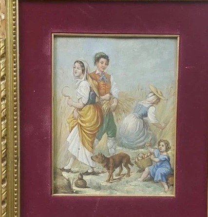 TABLEAU SUR BOIS ANCIEN DU 19E SIÈCLE, PANNEAU À L'HUILE SIGNÉ, SCÈNE POPULAIRE-photo-3