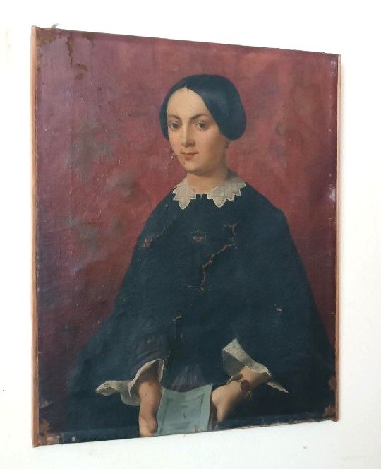 Peinture à l'huile ancienne sur toile, milieu du XIXe siècle, école italienne, portrait de femm-photo-2