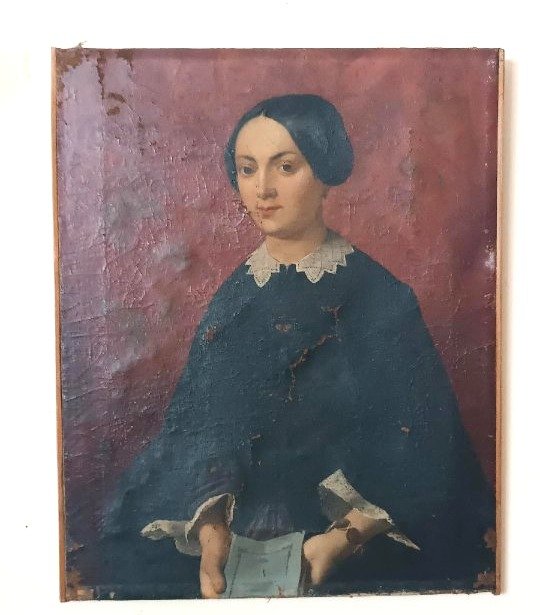 Peinture à l'huile ancienne sur toile, milieu du XIXe siècle, école italienne, portrait de femm-photo-3