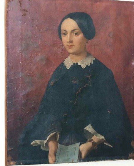 Peinture à l'huile ancienne sur toile, milieu du XIXe siècle, école italienne, portrait de femm-photo-4