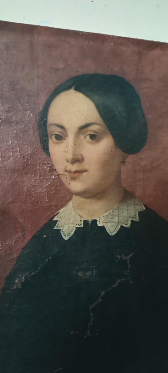 Peinture à l'huile ancienne sur toile, milieu du XIXe siècle, école italienne, portrait de femm-photo-1