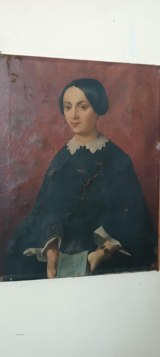 Peinture à l'huile ancienne sur toile, milieu du XIXe siècle, école italienne, portrait de femm-photo-7