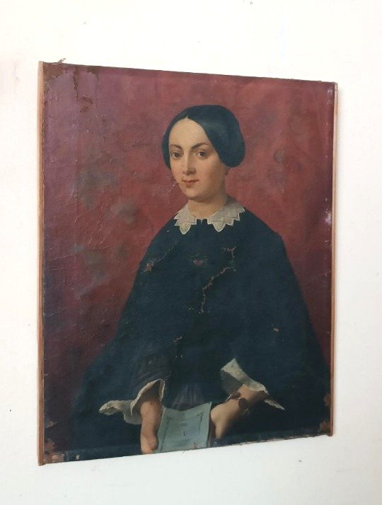 Peinture à l'huile ancienne sur toile, milieu du XIXe siècle, école italienne, portrait de femm