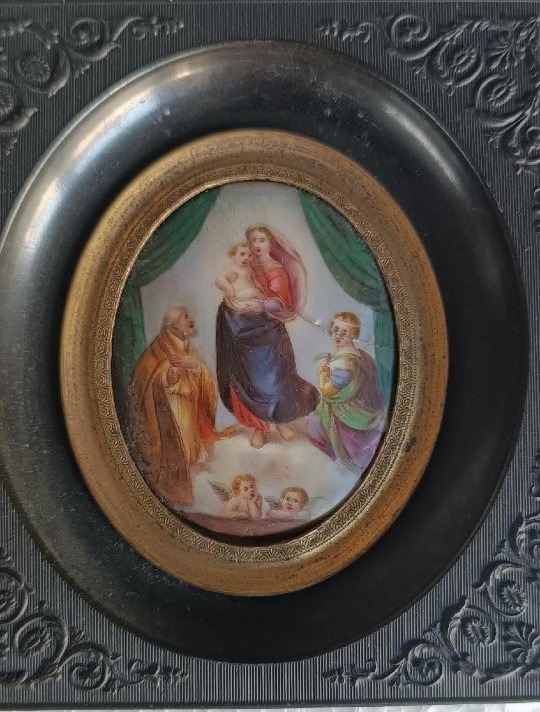 Painted Porcelain Miniature, Madonna Of San Sisto, 19th Century-photo-3