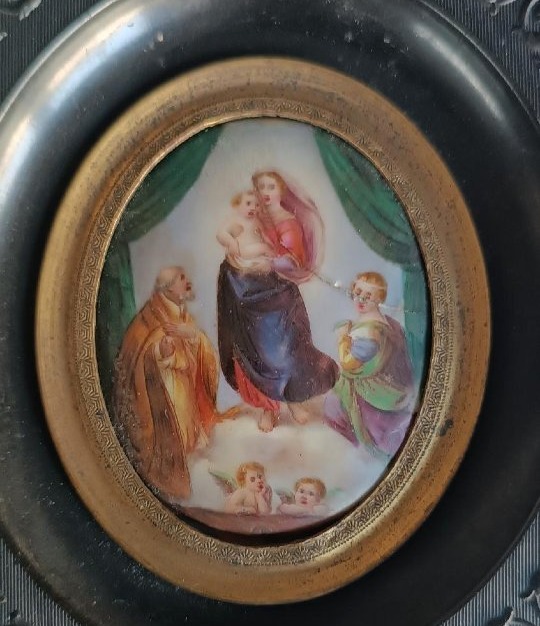 Painted Porcelain Miniature, Madonna Of San Sisto, 19th Century-photo-4