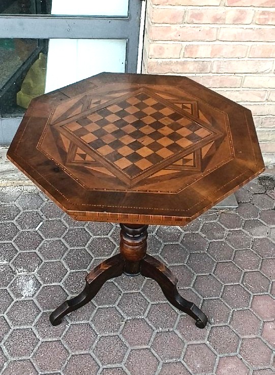 Antique Inlaid Coffee Table, Checkers, Chess, Italy, 19th Century-photo-3