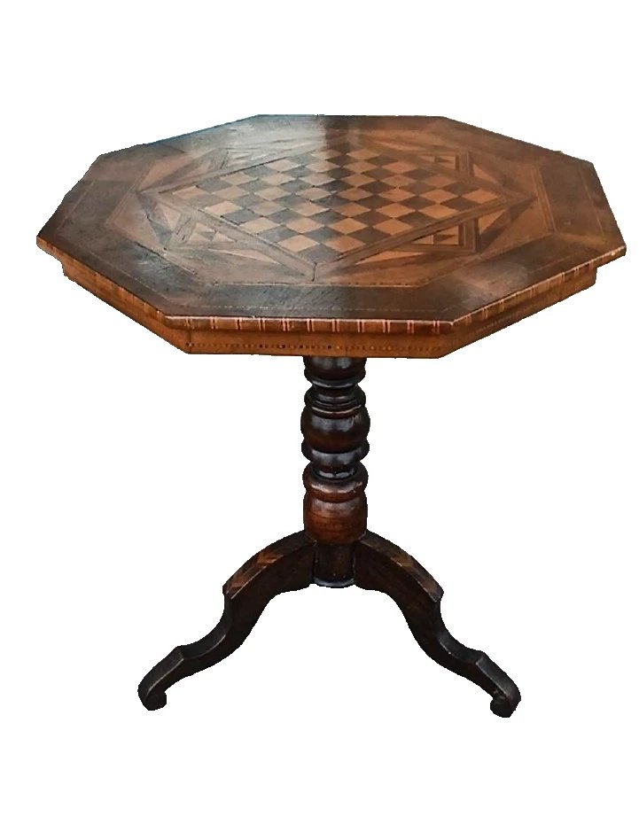 Antique Inlaid Coffee Table, Checkers, Chess, Italy, 19th Century