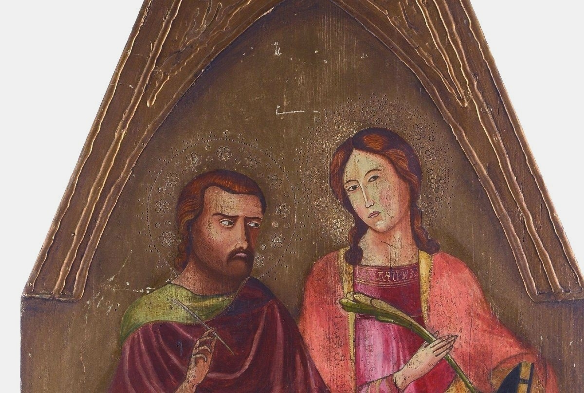 Peinture à La Détrempe Ancienne Sur Panneau Avec Des Saints, 19ème Siècle h.133 cm-photo-3