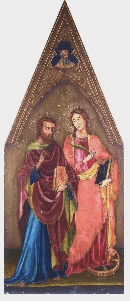 Peinture à La Détrempe Ancienne Sur Panneau Avec Des Saints, 19ème Siècle h.133 cm