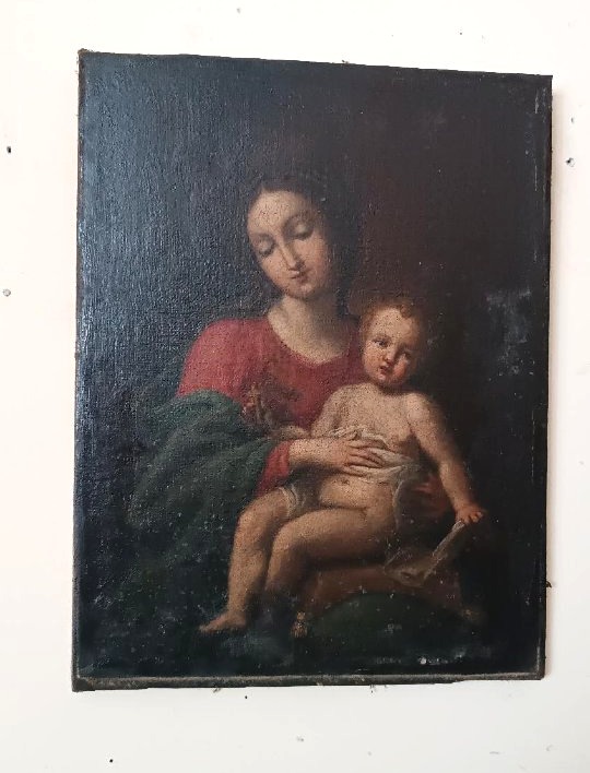 Antique Painting, Oil On Canvas, Madonna And Child-photo-2