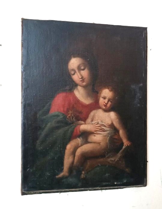 Antique Painting, Oil On Canvas, Madonna And Child