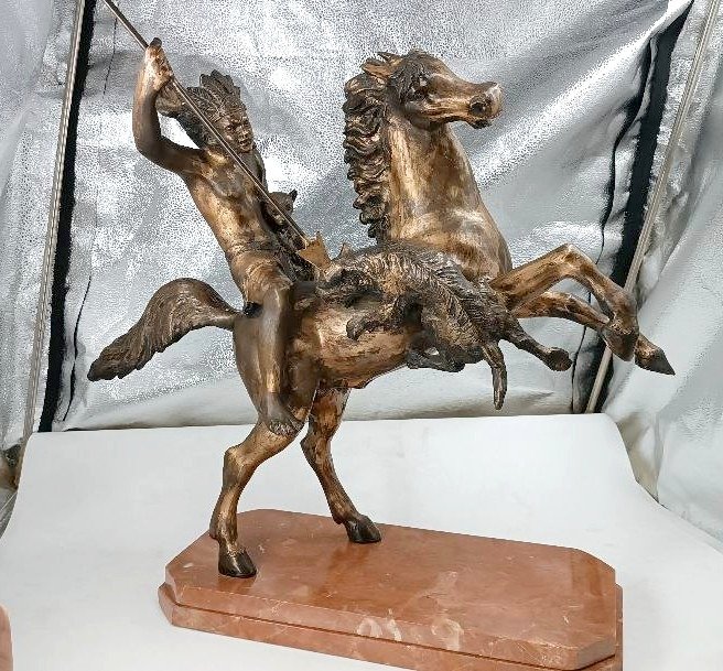 Large Bronze Sculpture Depicting A Native American On Horseback—tommaso Campajola (1890–1968)-photo-2