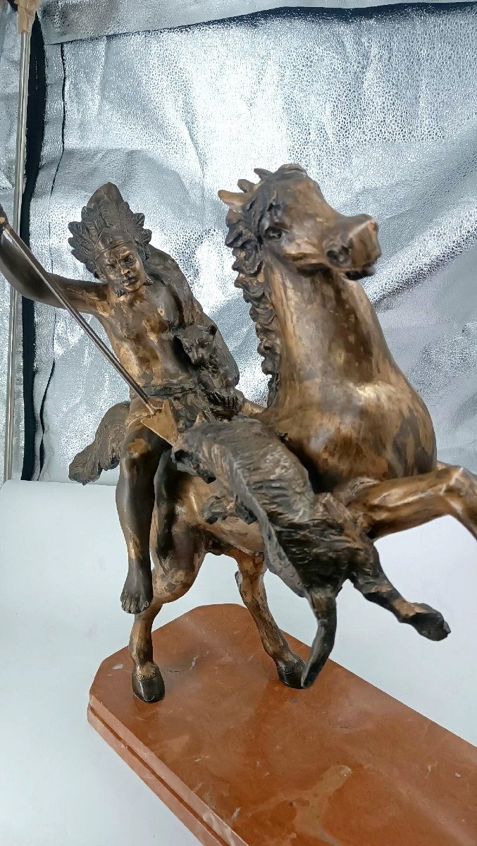 Large Bronze Sculpture Depicting A Native American On Horseback—tommaso Campajola (1890–1968)-photo-4