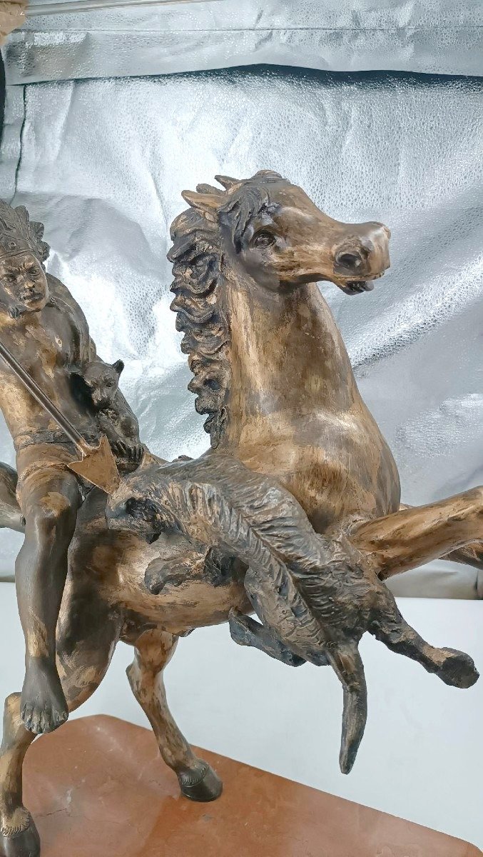 Large Bronze Sculpture Depicting A Native American On Horseback—tommaso Campajola (1890–1968)-photo-1