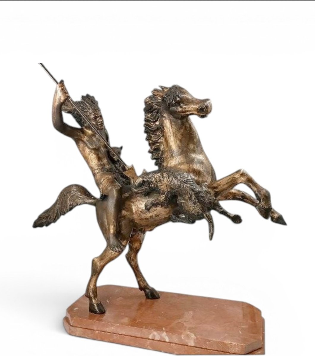 Large Bronze Sculpture Depicting A Native American On Horseback—tommaso Campajola (1890–1968)