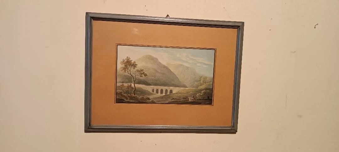 Aquarelle ancienne sur papier du début du XIXe siècle – paysage avec aqueduc et pont-photo-2