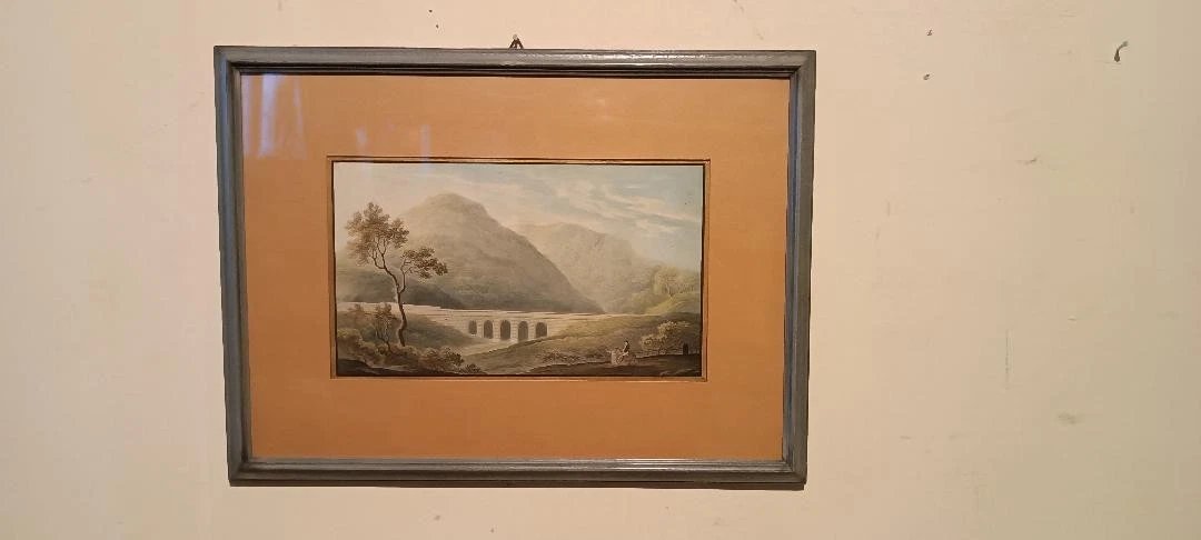 Aquarelle ancienne sur papier du début du XIXe siècle – paysage avec aqueduc et pont-photo-3