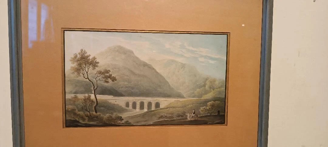 Aquarelle ancienne sur papier du début du XIXe siècle – paysage avec aqueduc et pont-photo-1