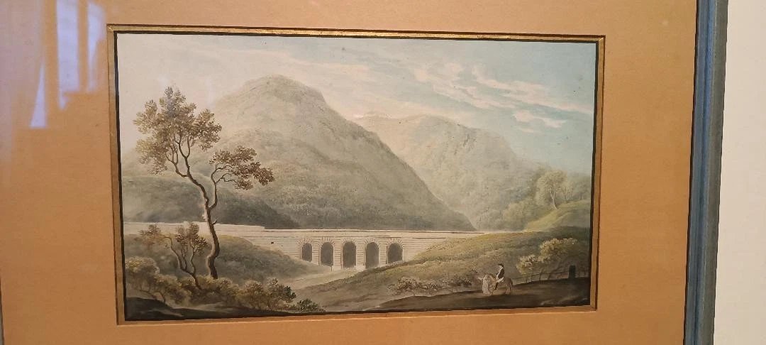 Aquarelle ancienne sur papier du début du XIXe siècle – paysage avec aqueduc et pont-photo-2