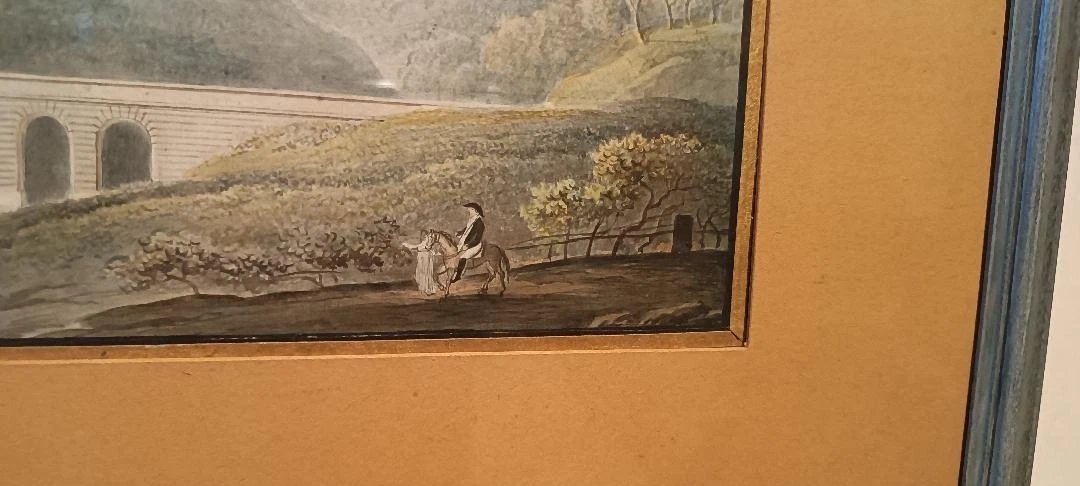 Aquarelle ancienne sur papier du début du XIXe siècle – paysage avec aqueduc et pont-photo-3
