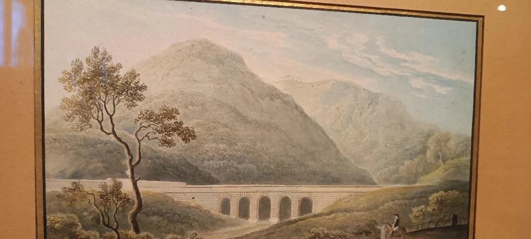 Aquarelle ancienne sur papier du début du XIXe siècle – paysage avec aqueduc et pont-photo-4