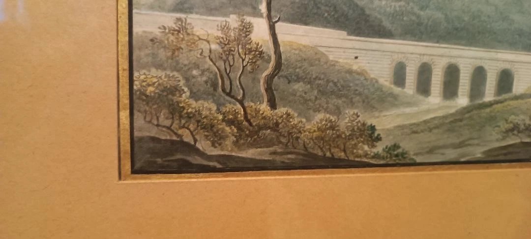 Aquarelle ancienne sur papier du début du XIXe siècle – paysage avec aqueduc et pont-photo-5