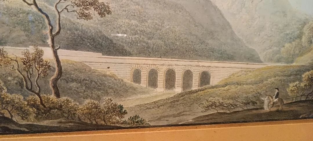 Aquarelle ancienne sur papier du début du XIXe siècle – paysage avec aqueduc et pont-photo-6