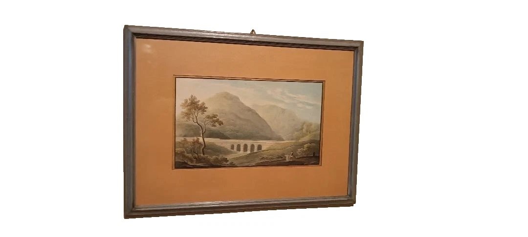 Aquarelle ancienne sur papier du début du XIXe siècle – paysage avec aqueduc et pont