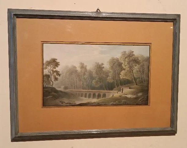 Aquarelle ancienne sur papier du début du XIXe siècle – paysage avec aqueduc et pont-photo-2
