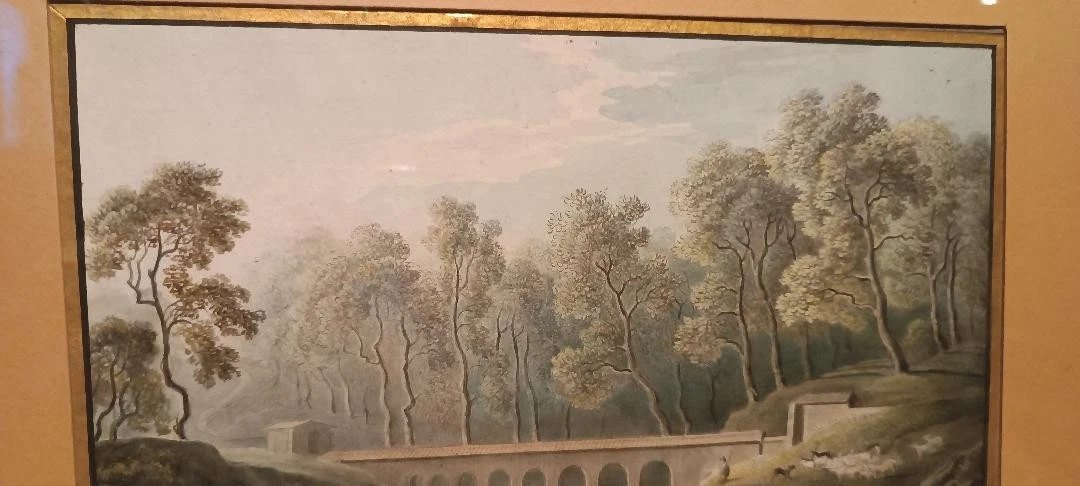 Aquarelle ancienne sur papier du début du XIXe siècle – paysage avec aqueduc et pont-photo-3