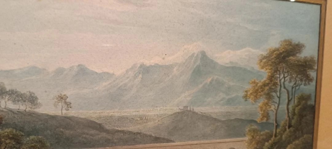 Aquarelle ancienne sur papier du début du XIXe siècle – paysage avec aqueduc et pont-photo-4