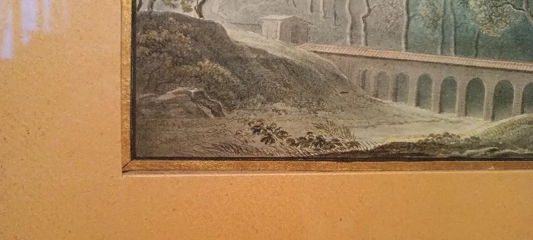 Aquarelle ancienne sur papier du début du XIXe siècle – paysage avec aqueduc et pont-photo-2