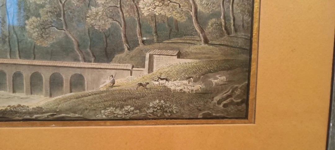 Aquarelle ancienne sur papier du début du XIXe siècle – paysage avec aqueduc et pont-photo-3
