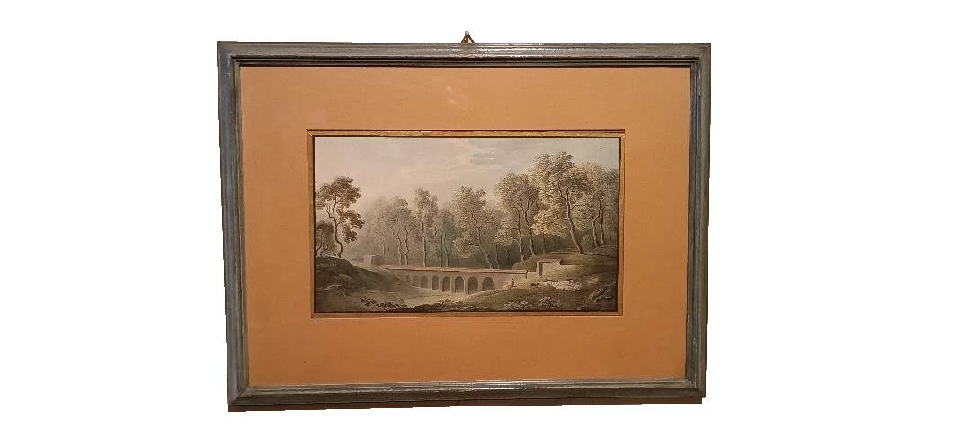 Aquarelle ancienne sur papier du début du XIXe siècle – paysage avec aqueduc et pont