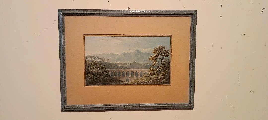 Aquarelle ancienne sur papier du début du XIXe siècle – paysage avec aqueduc et pont-photo-2