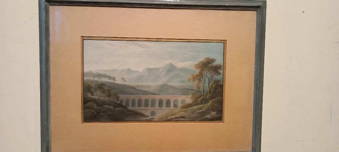 Aquarelle ancienne sur papier du début du XIXe siècle – paysage avec aqueduc et pont-photo-3