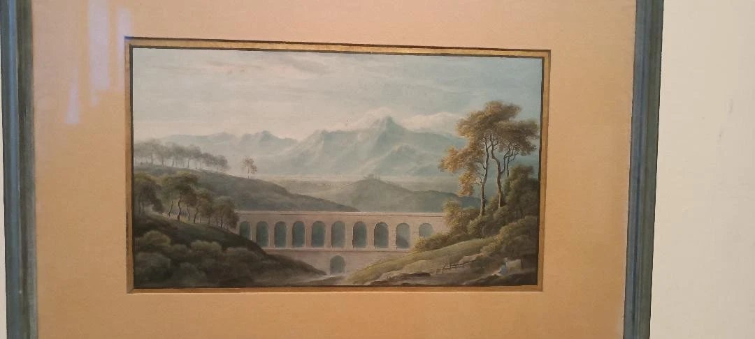 Aquarelle ancienne sur papier du début du XIXe siècle – paysage avec aqueduc et pont-photo-4