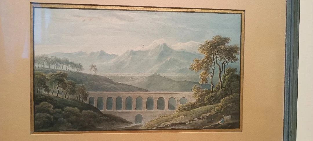 Aquarelle ancienne sur papier du début du XIXe siècle – paysage avec aqueduc et pont-photo-1