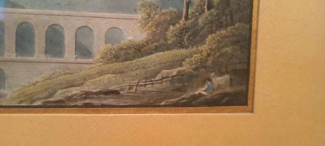 Aquarelle ancienne sur papier du début du XIXe siècle – paysage avec aqueduc et pont-photo-2